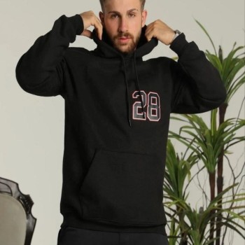 Erkek 3 İplik Pamuklu Kapüşonlu Baskılı Cepli Oversize Sweatshirt Hoodie - Siyah