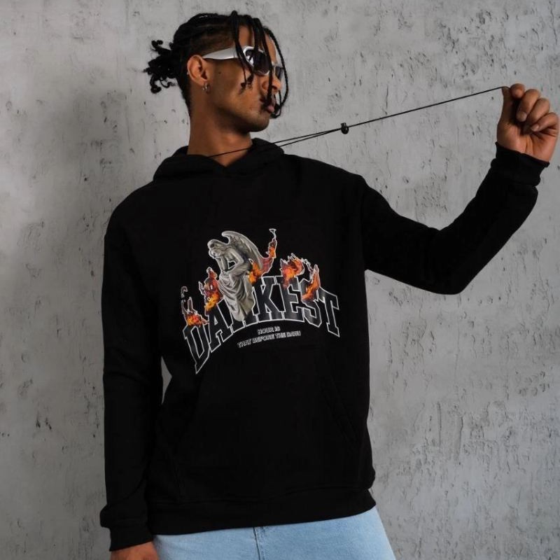 Erkek 3 İplik Pamuklu Kapüşonlu Baskılı Cepli Oversize Sweatshirt Hoodie - Siyah