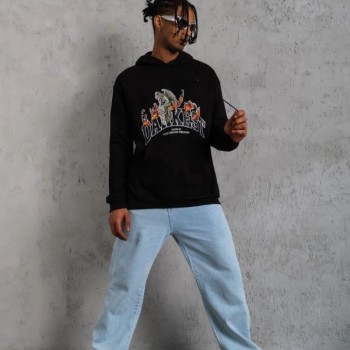 Erkek 3 İplik Pamuklu Kapüşonlu Baskılı Cepli Oversize Sweatshirt Hoodie - Siyah