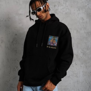 Erkek 3 İplik Pamuklu Kapüşonlu Baskılı Cepli Oversize Sweatshirt Hoodie - Siyah