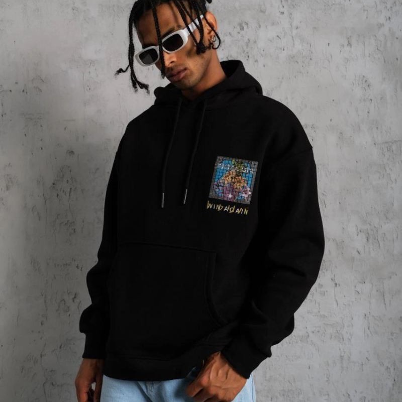 Erkek 3 İplik Pamuklu Kapüşonlu Baskılı Cepli Oversize Sweatshirt Hoodie - Siyah