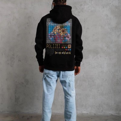 Erkek 3 İplik Pamuklu Kapüşonlu Baskılı Cepli Oversize Sweatshirt Hoodie - Siyah