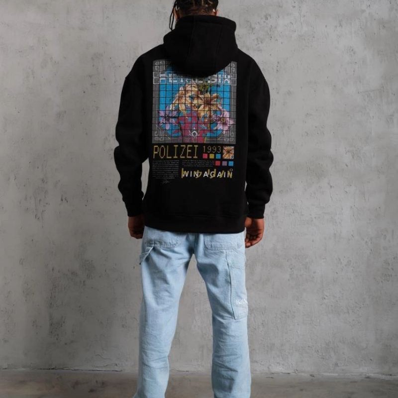 Erkek 3 İplik Pamuklu Kapüşonlu Baskılı Cepli Oversize Sweatshirt Hoodie - Siyah