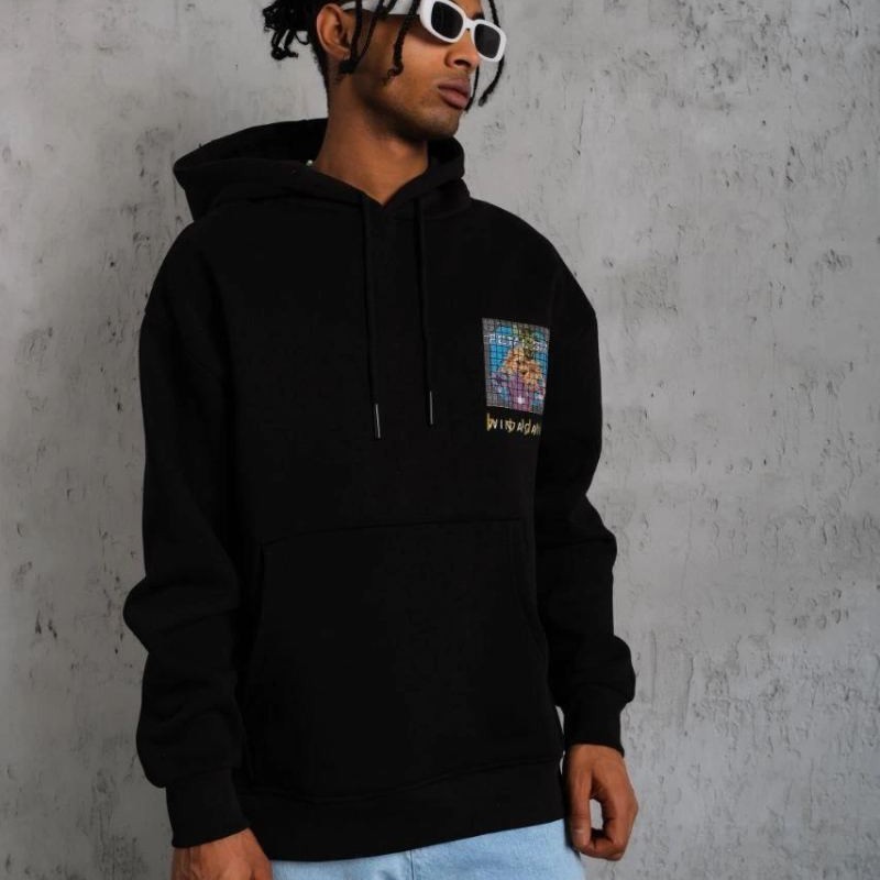 Erkek 3 İplik Pamuklu Kapüşonlu Baskılı Cepli Oversize Sweatshirt Hoodie - Siyah