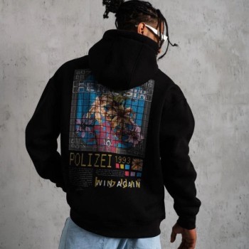 Erkek 3 İplik Pamuklu Kapüşonlu Baskılı Cepli Oversize Sweatshirt Hoodie - Siyah
