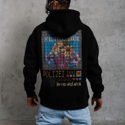 Erkek 3 İplik Pamuklu Kapüşonlu Baskılı Cepli Oversize Sweatshirt Hoodie - Siyah