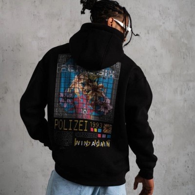 Erkek 3 İplik Pamuklu Kapüşonlu Baskılı Cepli Oversize Sweatshirt Hoodie - Siyah