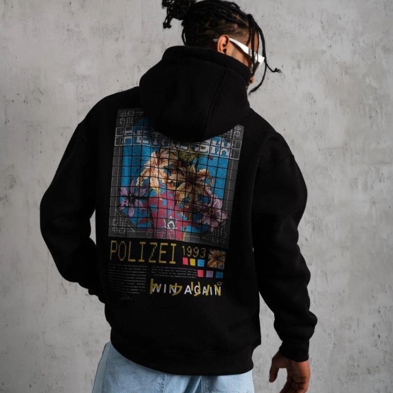 Erkek 3 İplik Pamuklu Kapüşonlu Baskılı Cepli Oversize Sweatshirt Hoodie - Siyah