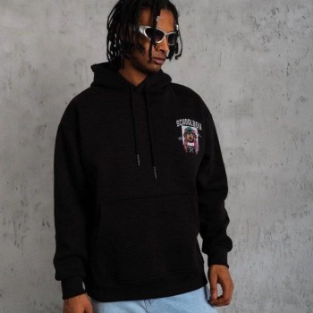 Erkek 3 İplik Pamuklu Kapüşonlu Baskılı Cepli Oversize Sweatshirt Hoodie - Siyah