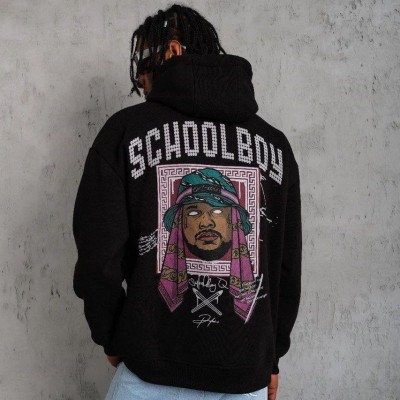 Erkek 3 İplik Pamuklu Kapüşonlu Baskılı Cepli Oversize Sweatshirt Hoodie - Siyah