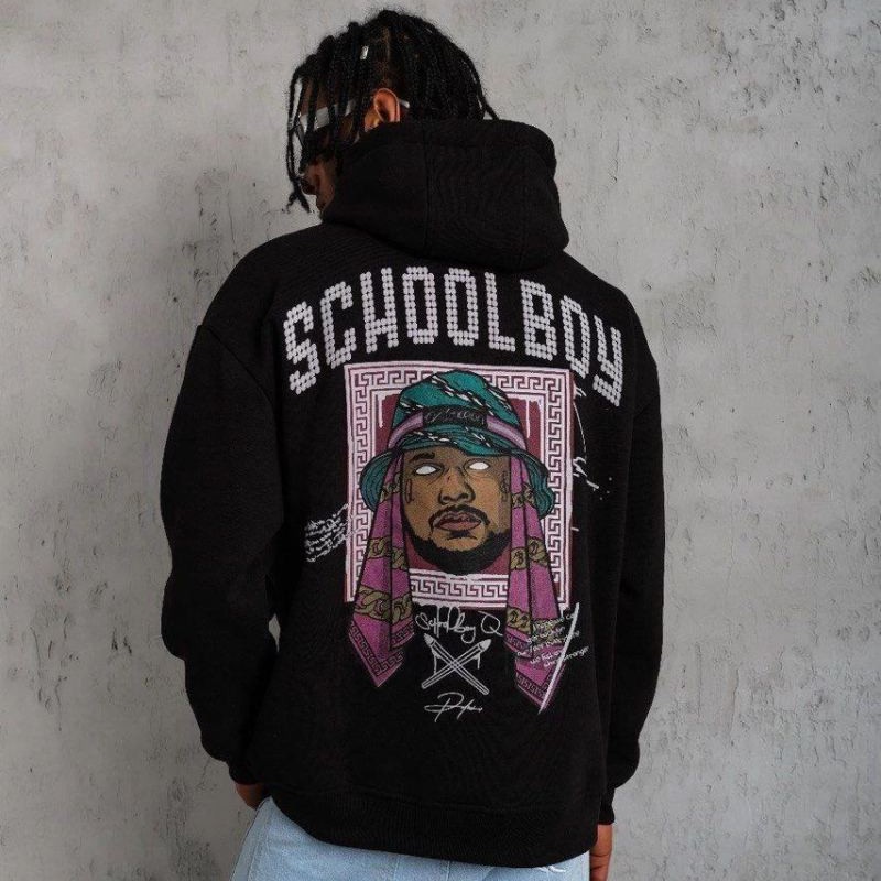 Erkek 3 İplik Pamuklu Kapüşonlu Baskılı Cepli Oversize Sweatshirt Hoodie - Siyah