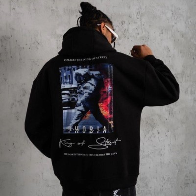 Erkek 3 İplik Pamuklu Kapüşonlu Baskılı Cepli Oversize Sweatshirt Hoodie - Siyah