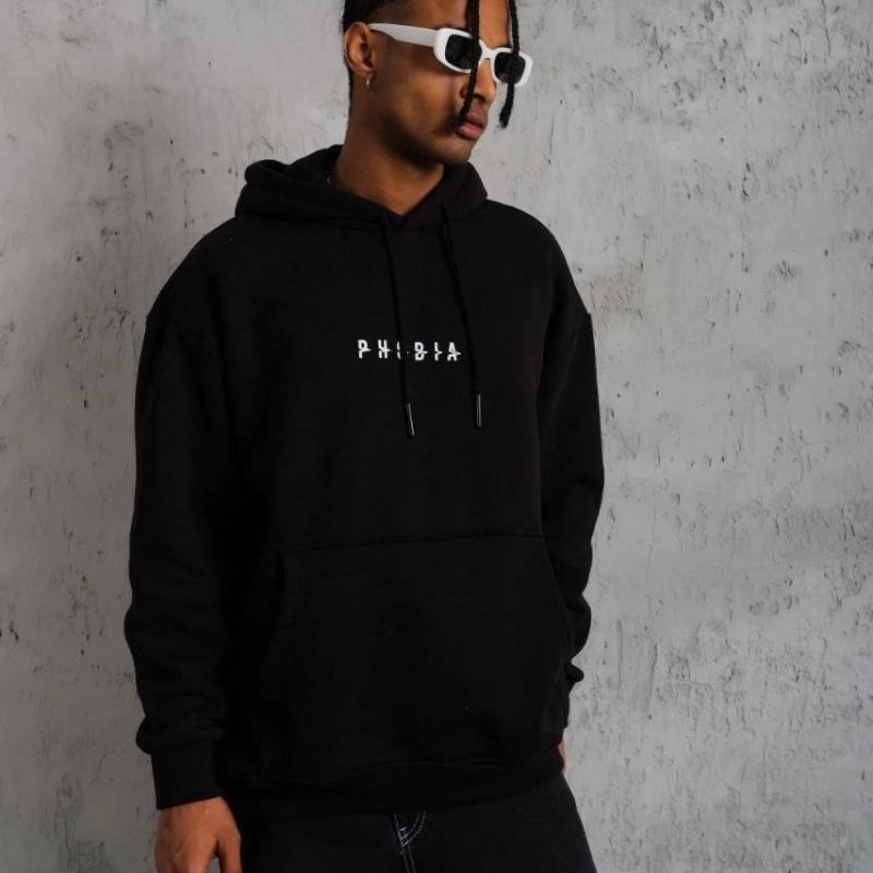 Erkek 3 İplik Pamuklu Kapüşonlu Baskılı Cepli Oversize Sweatshirt Hoodie - Siyah