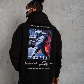 Erkek 3 İplik Pamuklu Kapüşonlu Baskılı Cepli Oversize Sweatshirt Hoodie - Siyah