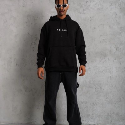 Erkek 3 İplik Pamuklu Kapüşonlu Baskılı Cepli Oversize Sweatshirt Hoodie - Siyah