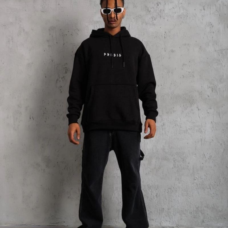 Erkek 3 İplik Pamuklu Kapüşonlu Baskılı Cepli Oversize Sweatshirt Hoodie - Siyah