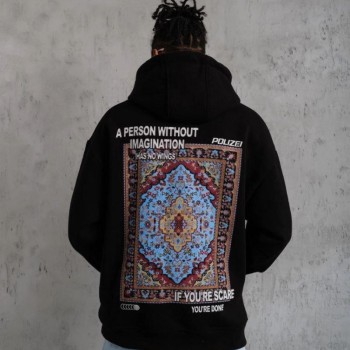 Erkek 3 İplik Pamuklu Kapüşonlu Baskılı Cepli Oversize Sweatshirt Hoodie - Siyah
