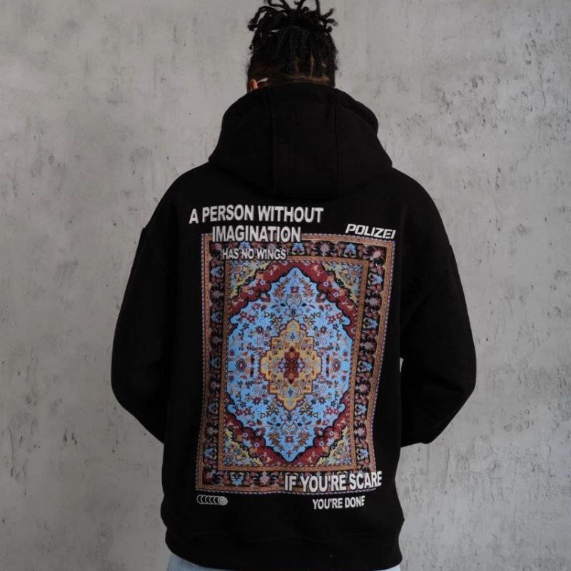 Erkek 3 İplik Pamuklu Kapüşonlu Baskılı Cepli Oversize Sweatshirt Hoodie - Siyah