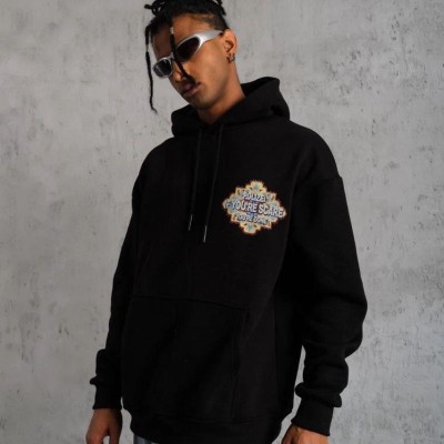 Erkek 3 İplik Pamuklu Kapüşonlu Baskılı Cepli Oversize Sweatshirt Hoodie - Siyah