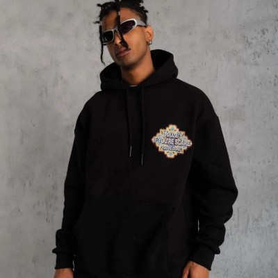 Erkek 3 İplik Pamuklu Kapüşonlu Baskılı Cepli Oversize Sweatshirt Hoodie - Siyah