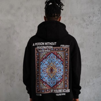 Erkek 3 İplik Pamuklu Kapüşonlu Baskılı Cepli Oversize Sweatshirt Hoodie - Siyah