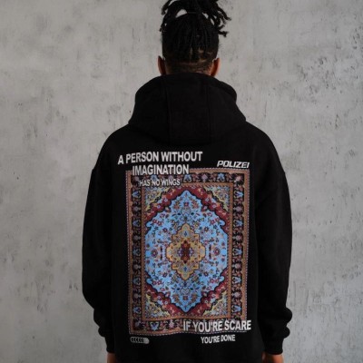 Erkek 3 İplik Pamuklu Kapüşonlu Baskılı Cepli Oversize Sweatshirt Hoodie - Siyah