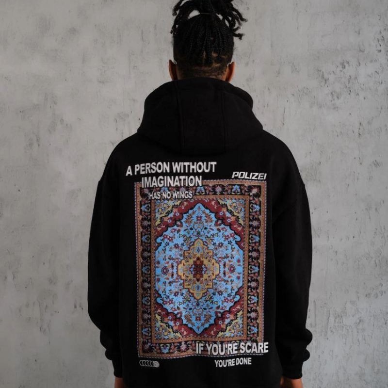 Erkek 3 İplik Pamuklu Kapüşonlu Baskılı Cepli Oversize Sweatshirt Hoodie - Siyah