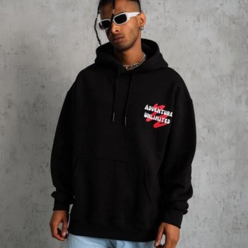 Erkek 3 İplik Pamuklu Kapüşonlu Baskılı Cepli Oversize Sweatshirt Hoodie - Siyah