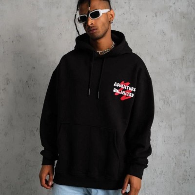 Erkek 3 İplik Pamuklu Kapüşonlu Baskılı Cepli Oversize Sweatshirt Hoodie - Siyah