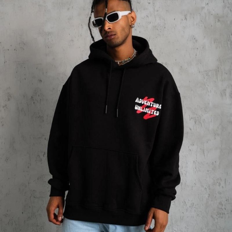 Erkek 3 İplik Pamuklu Kapüşonlu Baskılı Cepli Oversize Sweatshirt Hoodie - Siyah