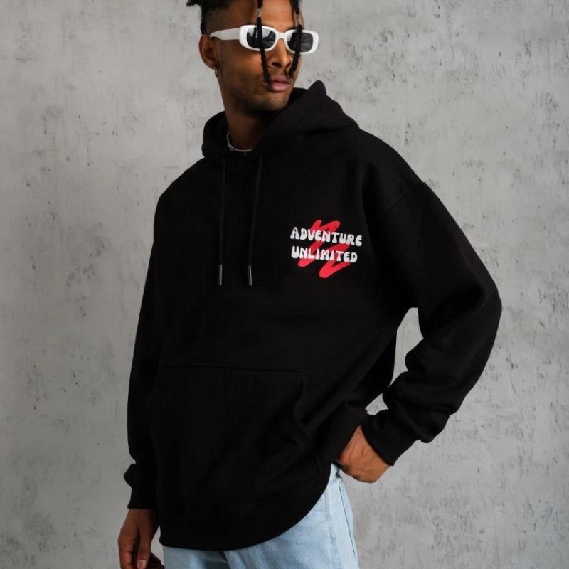 Erkek 3 İplik Pamuklu Kapüşonlu Baskılı Cepli Oversize Sweatshirt Hoodie - Siyah