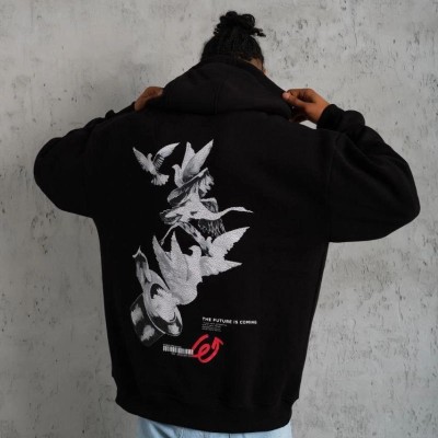 Erkek 3 İplik Pamuklu Kapüşonlu Baskılı Cepli Oversize Sweatshirt Hoodie - Siyah
