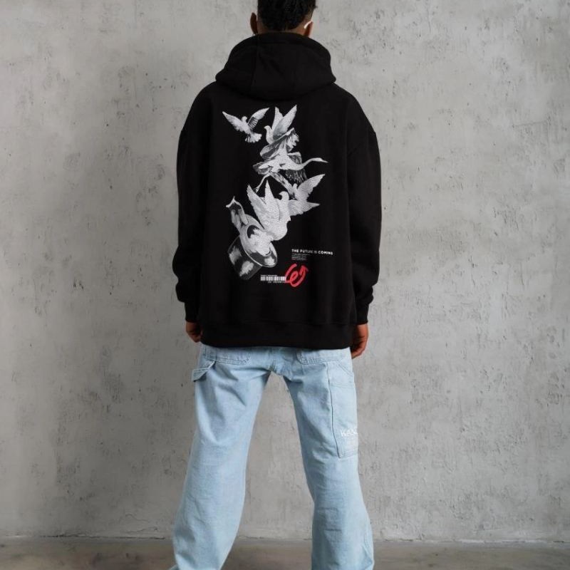 Erkek 3 İplik Pamuklu Kapüşonlu Baskılı Cepli Oversize Sweatshirt Hoodie - Siyah