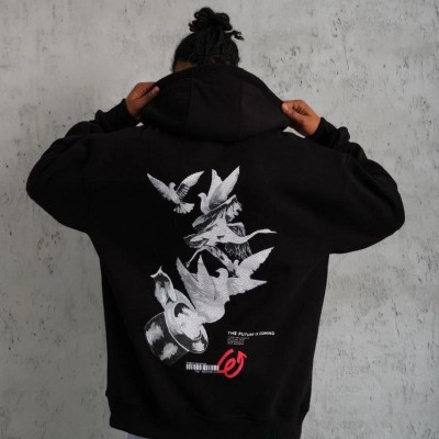 Erkek 3 İplik Pamuklu Kapüşonlu Baskılı Cepli Oversize Sweatshirt Hoodie - Siyah