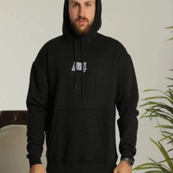 Erkek 3 İplik Pamuklu Kapüşonlu Baskılı Cepli Oversize Sweatshirt Hoodie - Siyah