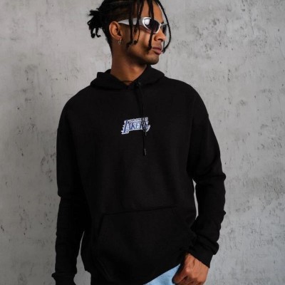 Erkek 3 İplik Pamuklu Kapüşonlu Baskılı Cepli Oversize Sweatshirt Hoodie - Siyah