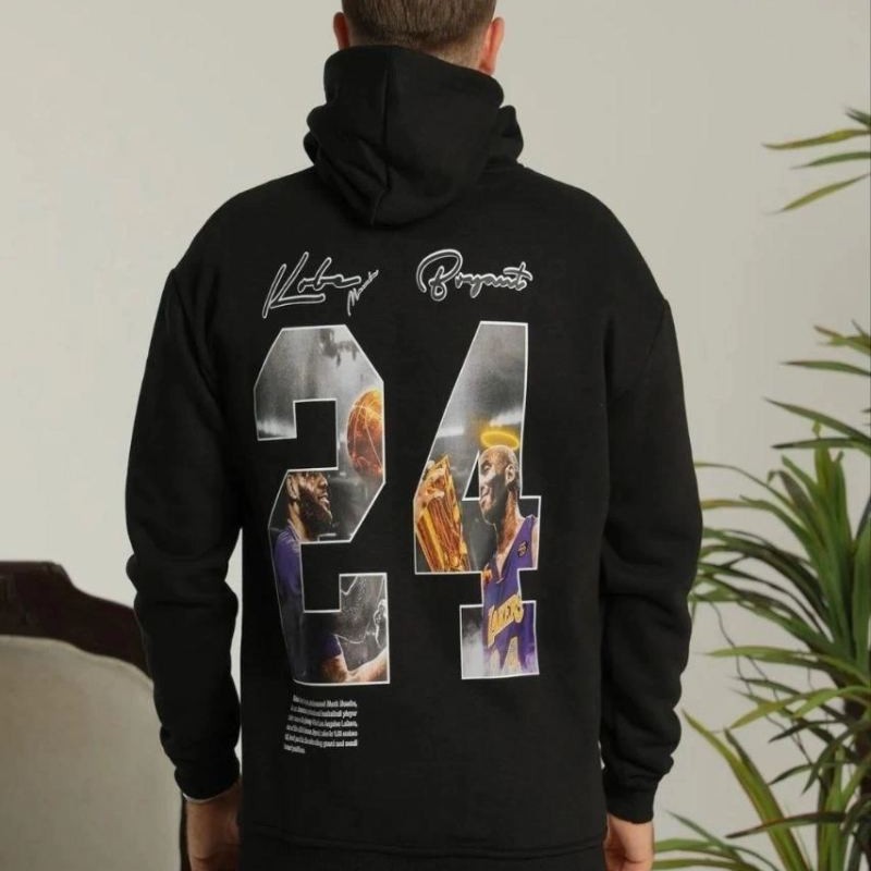 Erkek 3 İplik Pamuklu Kapüşonlu Baskılı Cepli Oversize Sweatshirt Hoodie - Siyah
