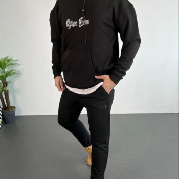 Erkek 3 İplik Pamuklu Kapüşonlu Baskılı Cepli Oversize Sweatshirt Hoodie - Siyah
