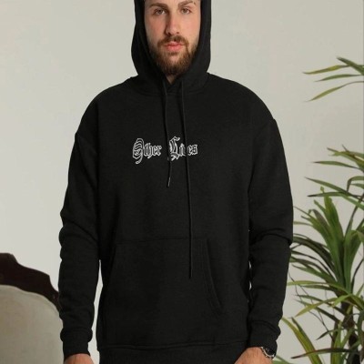 Erkek 3 İplik Pamuklu Kapüşonlu Baskılı Cepli Oversize Sweatshirt Hoodie - Siyah