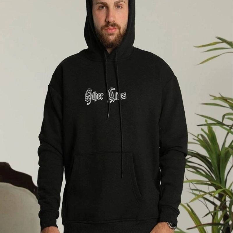 Erkek 3 İplik Pamuklu Kapüşonlu Baskılı Cepli Oversize Sweatshirt Hoodie - Siyah