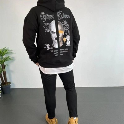 Erkek 3 İplik Pamuklu Kapüşonlu Baskılı Cepli Oversize Sweatshirt Hoodie - Siyah