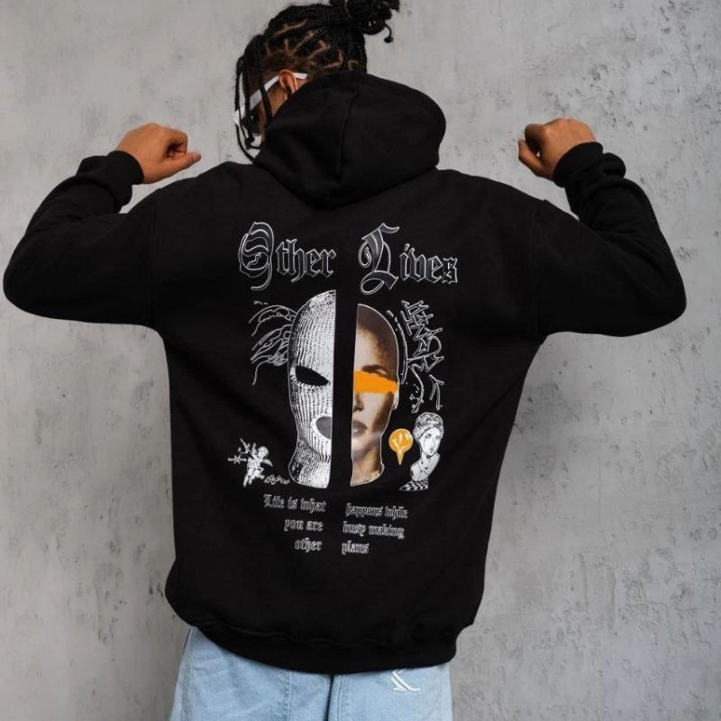 Erkek 3 İplik Pamuklu Kapüşonlu Baskılı Cepli Oversize Sweatshirt Hoodie - Siyah