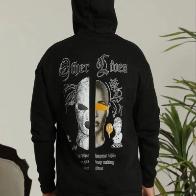 Erkek 3 İplik Pamuklu Kapüşonlu Baskılı Cepli Oversize Sweatshirt Hoodie - Siyah
