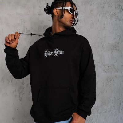 Erkek 3 İplik Pamuklu Kapüşonlu Baskılı Cepli Oversize Sweatshirt Hoodie - Siyah