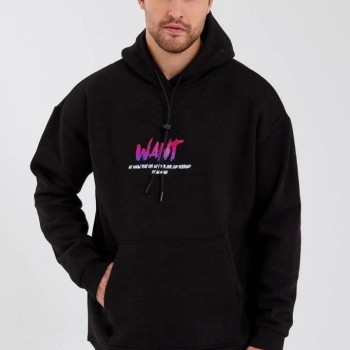 Erkek 3 İplik Pamuklu Kapüşonlu Baskılı Cepli Oversize Sweatshirt Hoodie - Siyah