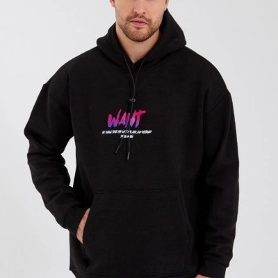 Erkek 3 İplik Pamuklu Kapüşonlu Baskılı Cepli Oversize Sweatshirt Hoodie - Siyah
