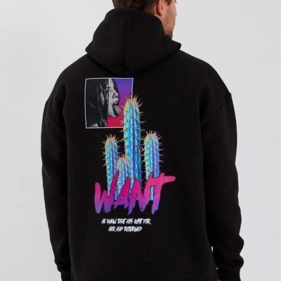 Erkek 3 İplik Pamuklu Kapüşonlu Baskılı Cepli Oversize Sweatshirt Hoodie - Siyah