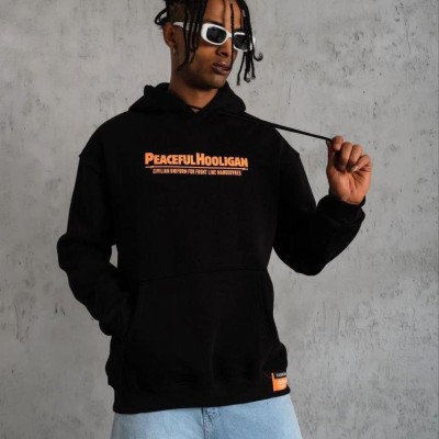 Erkek 3 İplik Pamuklu Kapüşonlu Baskılı Cepli Oversize Sweatshirt Hoodie - Siyah
