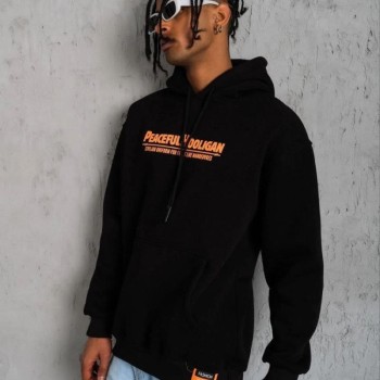 Erkek 3 İplik Pamuklu Kapüşonlu Baskılı Cepli Oversize Sweatshirt Hoodie - Siyah