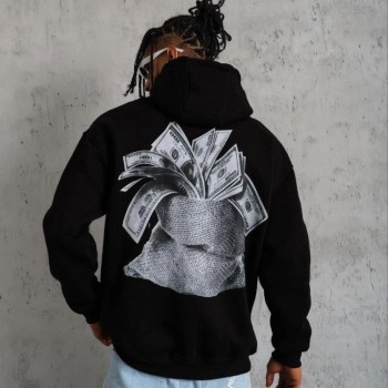 Erkek 3 İplik Pamuklu Kapüşonlu Baskılı Cepli Oversize Sweatshirt Hoodie - Siyah